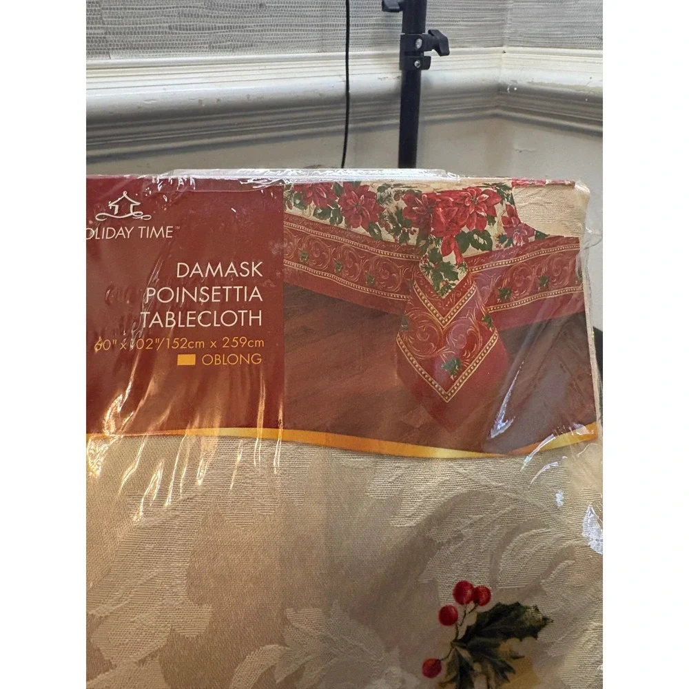 Holiday Time Damask Poinsettia Tablecloth Oblong 60x102 Christmas Holly Cream